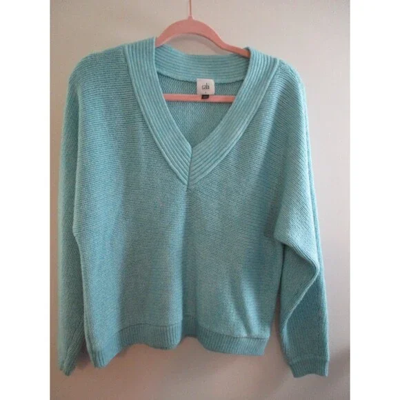 CAbi Womens Sz S Frosty Pullover Knit Sweater V-Neck Aqua Blue Style 4282 Casual - Picture 2 of 8